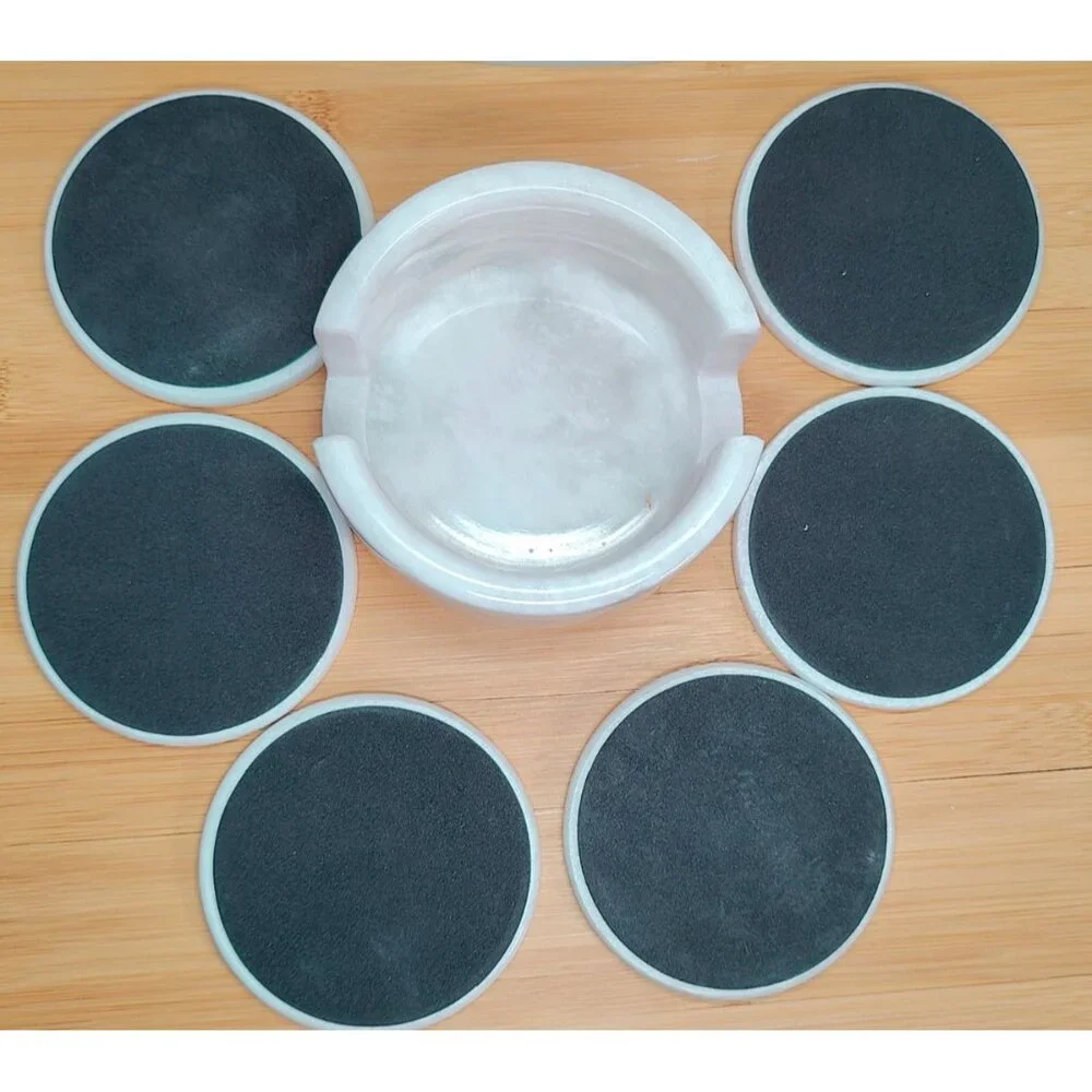 Set of 6 White Carrara Marble Stone Beverage Drink Coasters w/ Matching Base